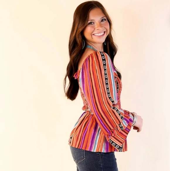 Savanna Jane Women's Smock Top Aztec Separe Striped Print Peplum Western Size S - Picture 2 of 6